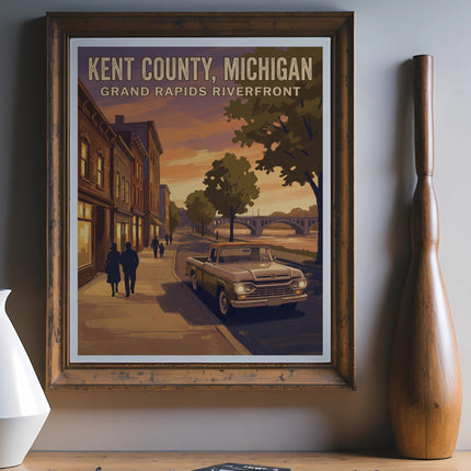 Vintage travel poster art for Kent County, Michigan, Grand Rapids Riverfront.