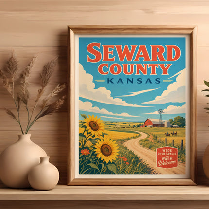 Vintage Seward County Kansas poster with sunflowers, barn, and open road.