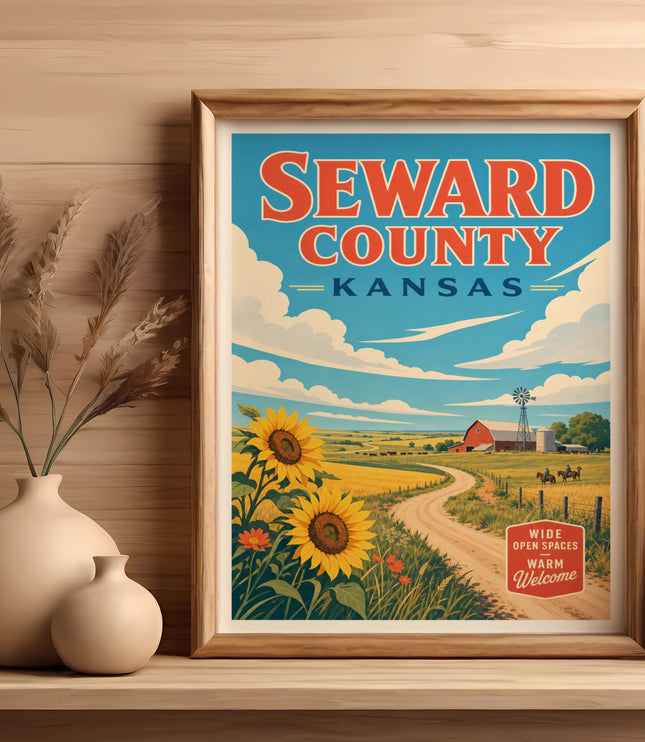 Vintage Seward County Kansas poster with sunflowers, barn, and open road.