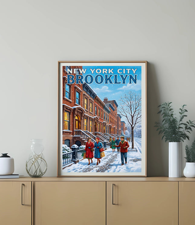 New York City Brooklyn winter street scene art print.