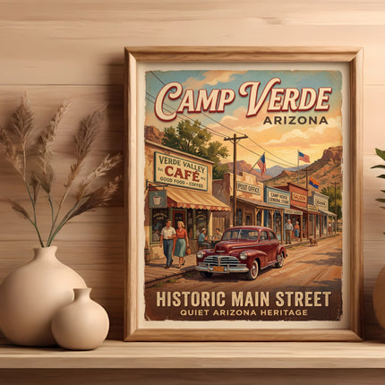 Vintage poster of Camp Verde, Arizona historic main street with cafe and saloon.