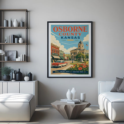 Osborne County Kansas travel poster featuring a red car and courthouse.