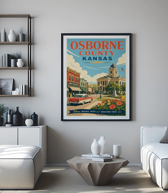 Osborne County Kansas travel poster featuring a red car and courthouse.