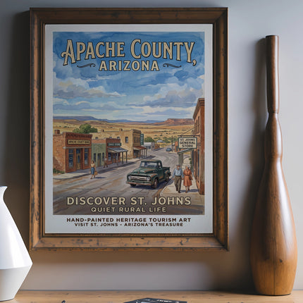 Apache County, Arizona tourism art featuring a vintage St. Johns street scene.
