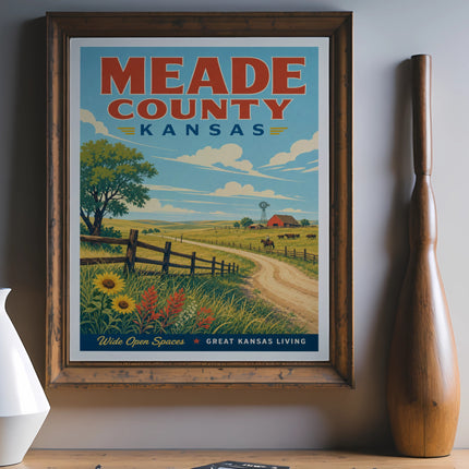 Meade County Kansas poster with farm scene and red barn.