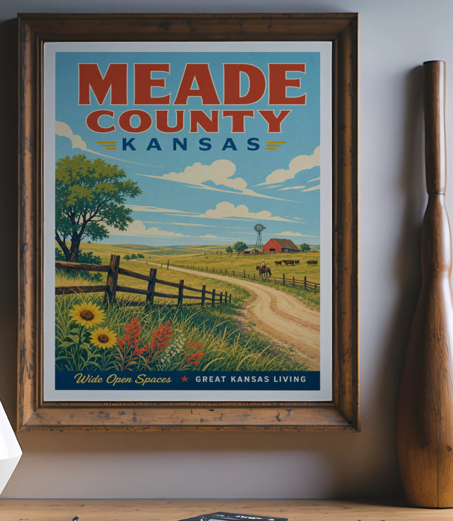 Meade County Kansas poster with farm scene and red barn.