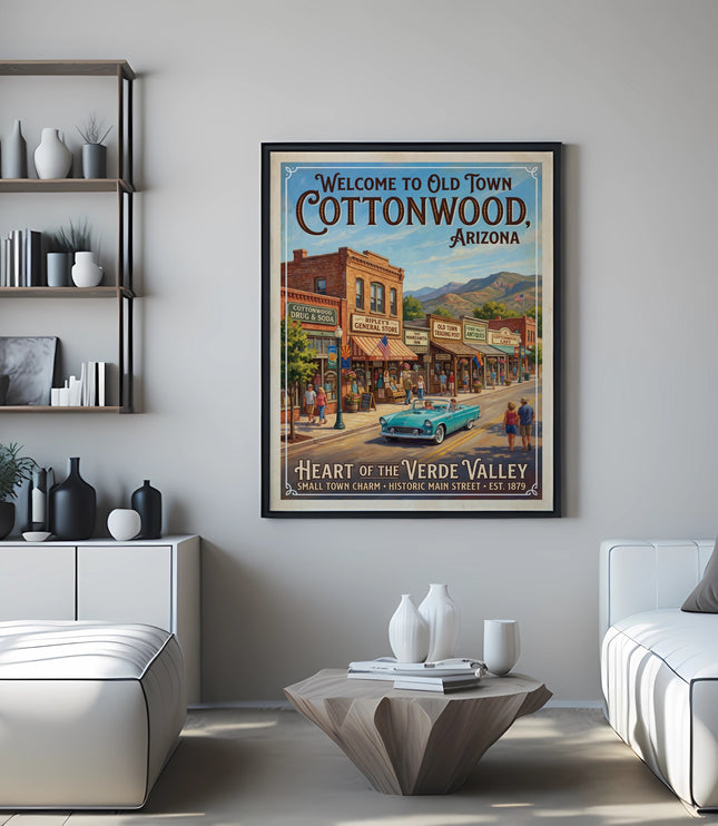 Vintage poster of Cottonwood, Arizona with shops and a classic car.