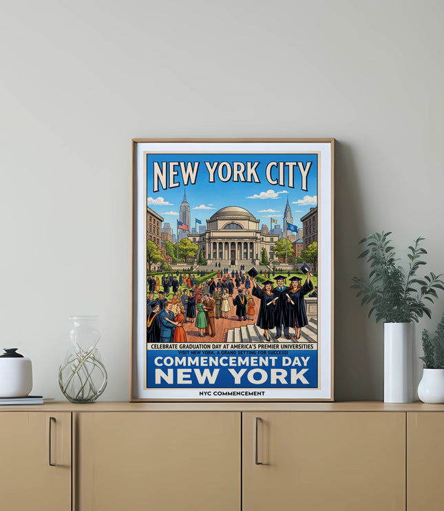 "New York City" and "Commencement Day New York" text with graduation scene.