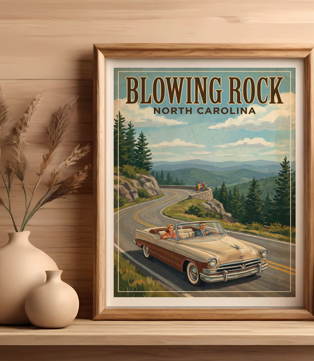 Blowing Rock North Carolina vintage travel poster with classic convertible.