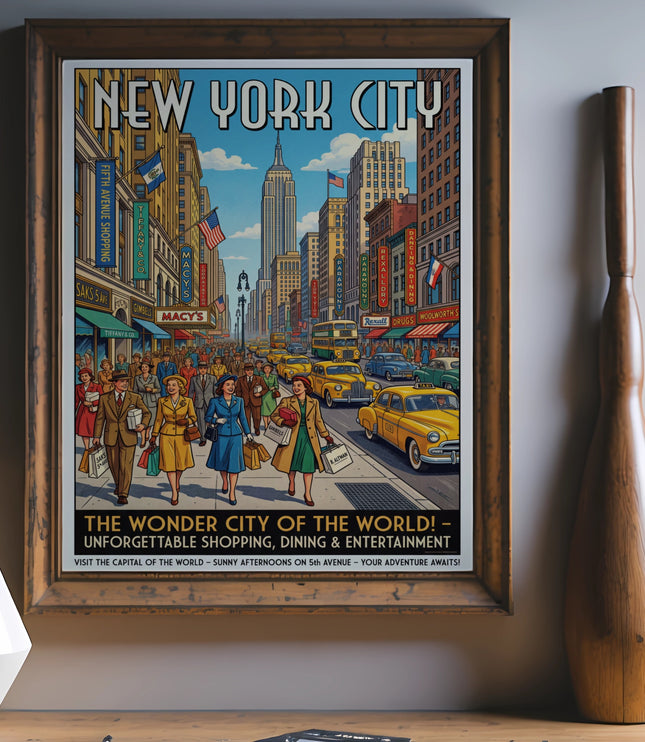 New York City vintage travel poster featuring Empire State Building and Fifth Avenue shoppers.