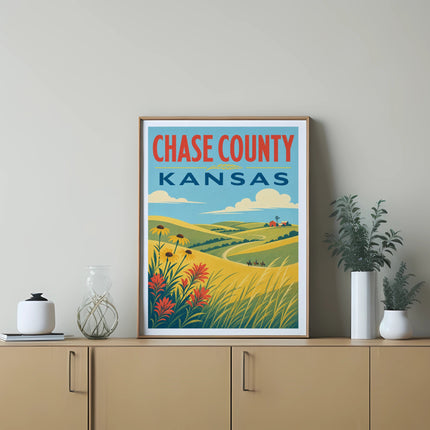 Vintage poster of Chase County, Kansas landscape with rolling hills and clouds.