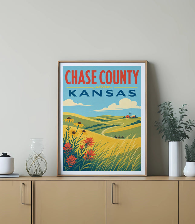 Vintage poster of Chase County, Kansas landscape with rolling hills and clouds.