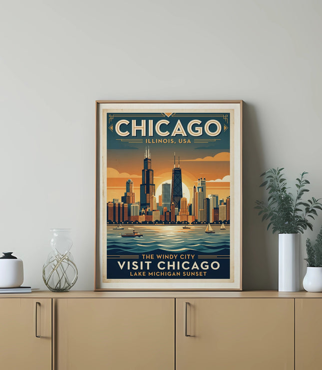 Vintage Chicago skyline poster with text, featuring Lake Michigan sunset.