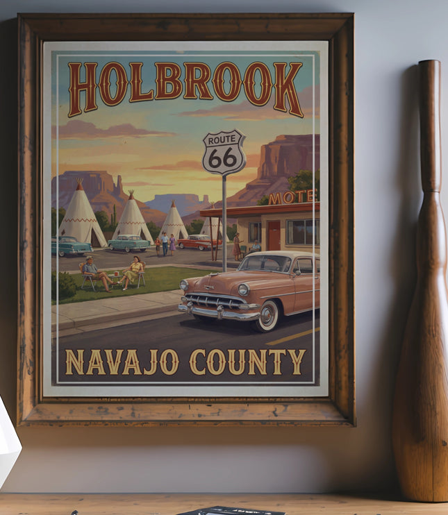Holbrook Navajo County Route 66 vintage travel poster with classic cars and teepees.
