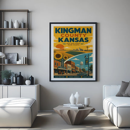 Vintage poster for Kingman County, Kansas, with illustrations of sunflowers, farm, and town.