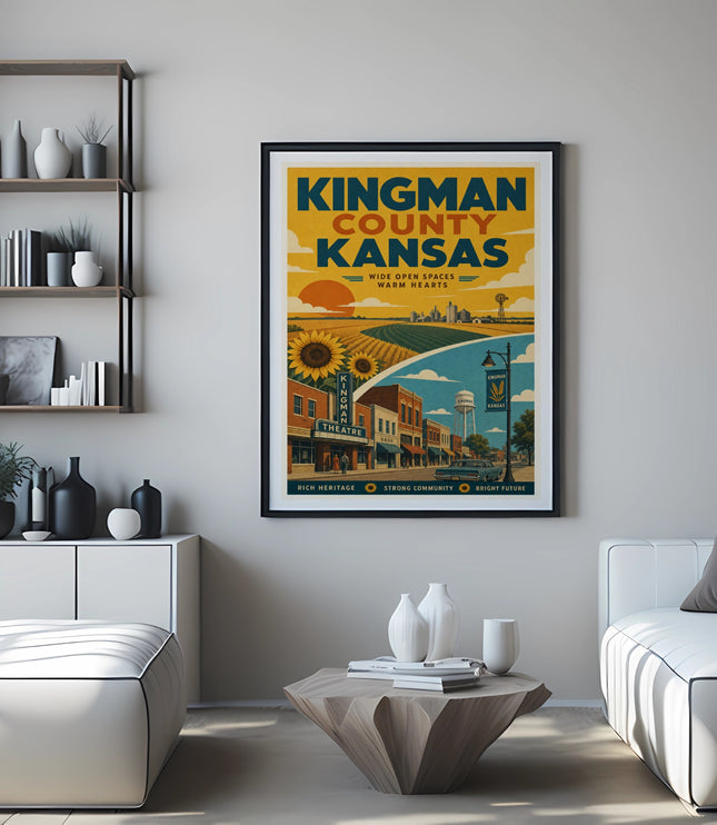 Vintage poster for Kingman County, Kansas, with illustrations of sunflowers, farm, and town.