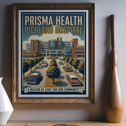 Prisma Health Richland Hospital poster with vintage cars and slogan.