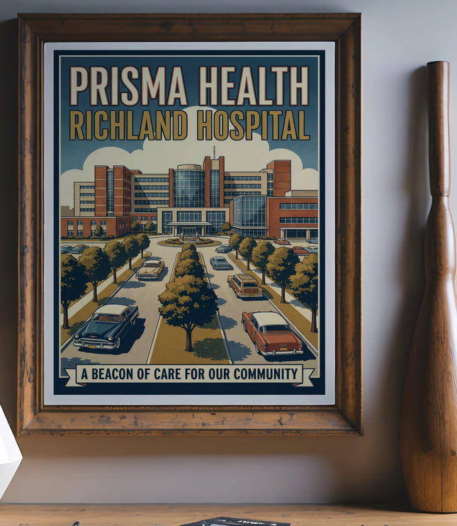 Prisma Health Richland Hospital poster with vintage cars and slogan.
