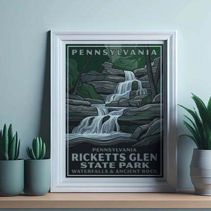 Poster for Pennsylvania Ricketts Glen State Park featuring a waterfall.