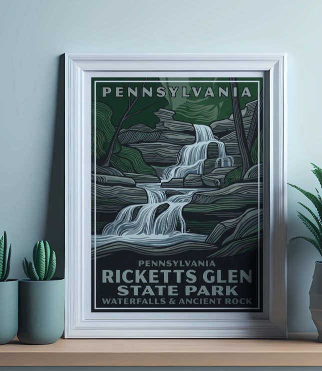 Poster for Pennsylvania Ricketts Glen State Park featuring a waterfall.