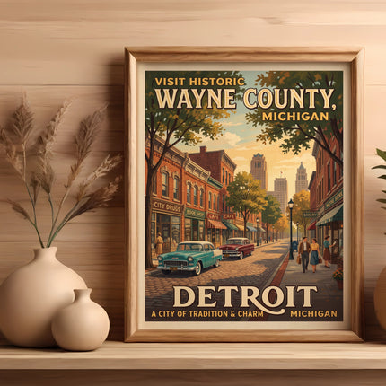 Detroit, Michigan vintage travel poster featuring historic Wayne County street scene.