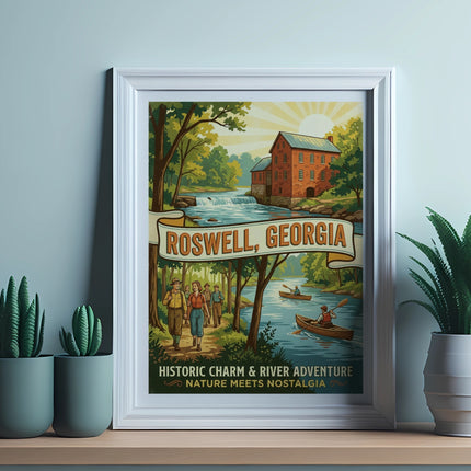 Vintage travel poster for Roswell, Georgia featuring a historic mill and kayaker.