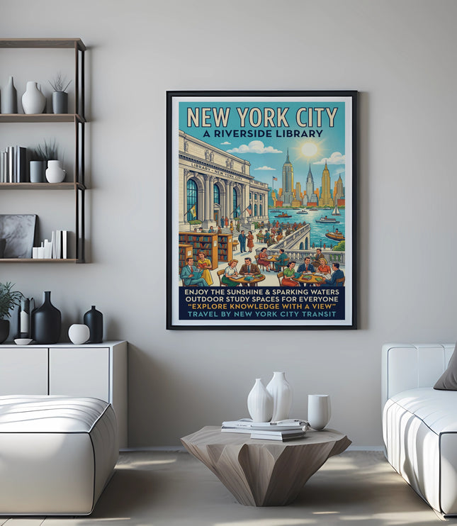 New York City Riverside Library vintage travel poster with city skyline.