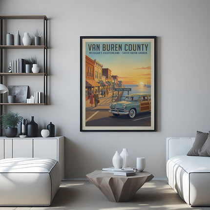 Van Buren County Michigan Vacationland South Haven Harbor poster with vintage car.