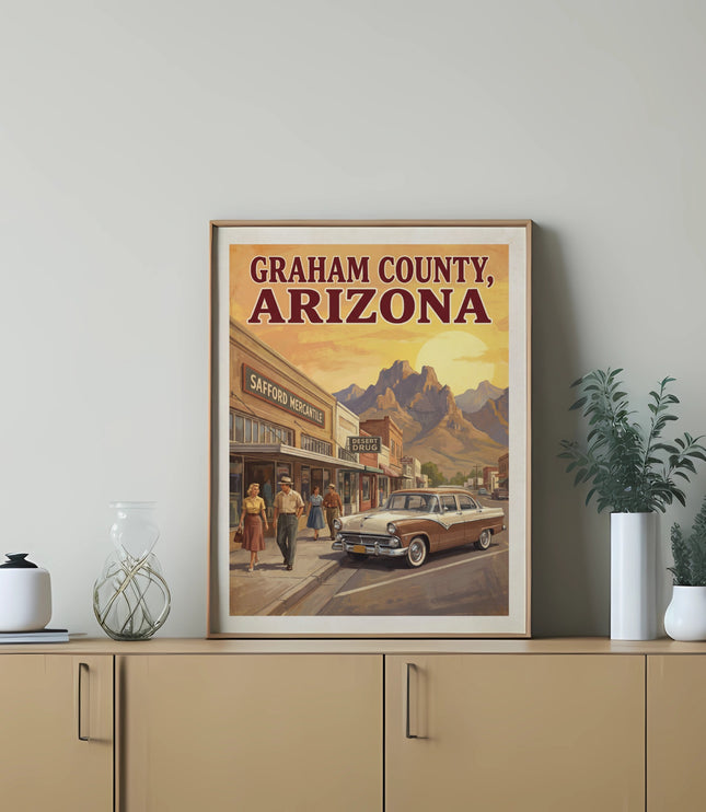 Graham County, Arizona vintage travel poster with Safford Mercantile and desert mountains.