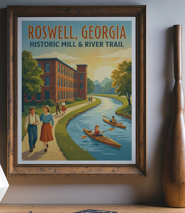 Roswell, Georgia Historic Mill & River Trail poster with people walking and kayaking.