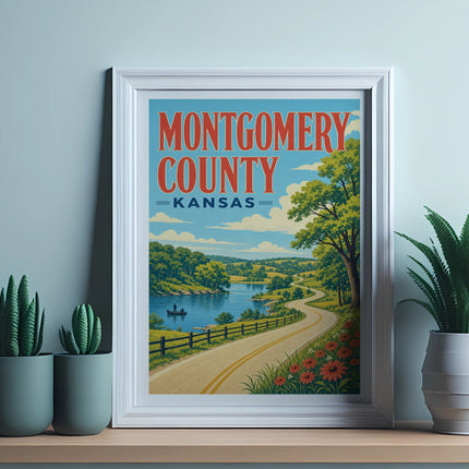 Vintage poster for Montgomery County, Kansas, featuring a scenic road and landscape.