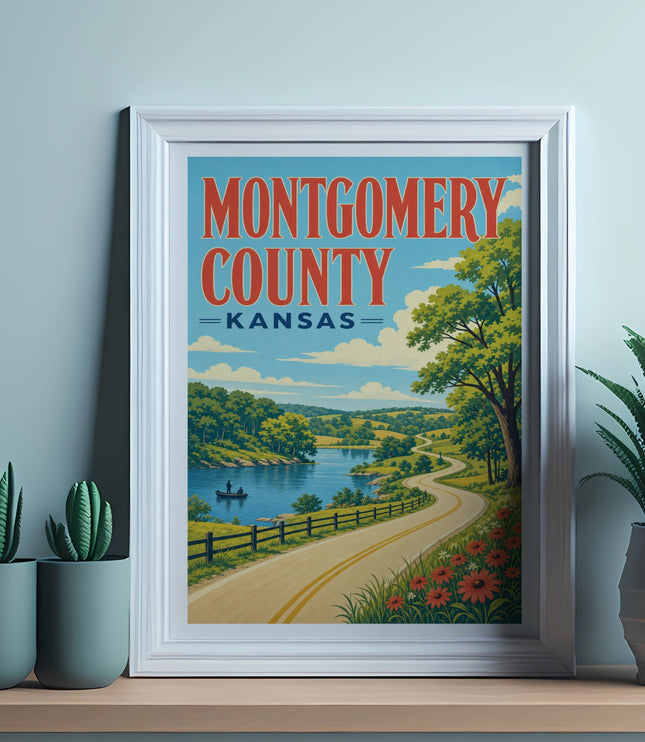 Vintage poster for Montgomery County, Kansas, featuring a scenic road and landscape.