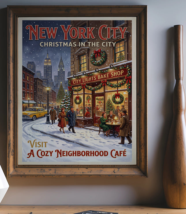 New York City Christmas in the City poster featuring a bake shop and café scene.