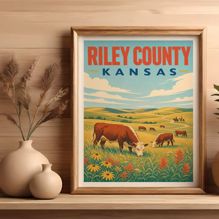 Vintage poster of cattle grazing in a Kansas field under a blue sky.