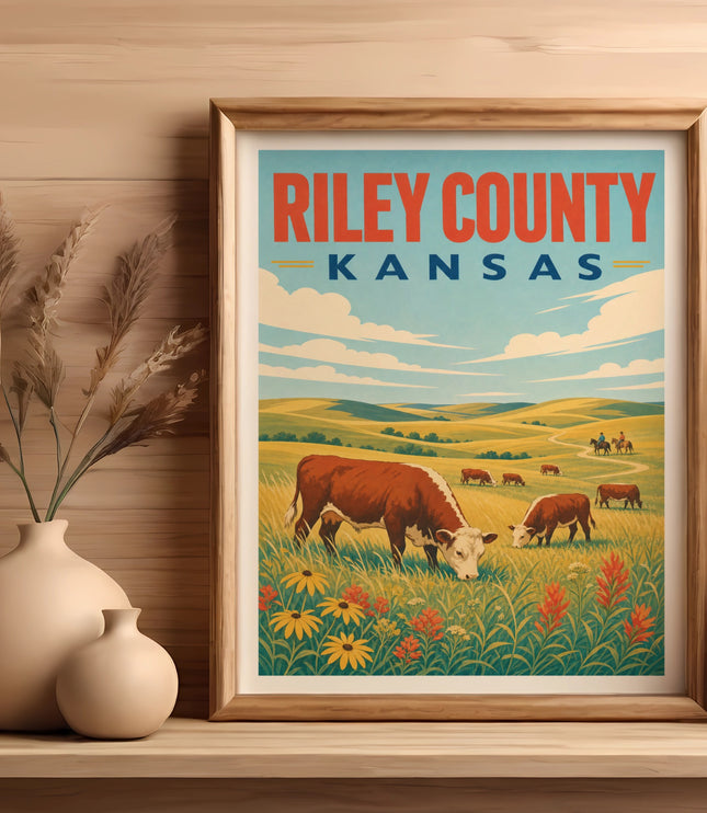 Vintage poster of cattle grazing in a Kansas field under a blue sky.