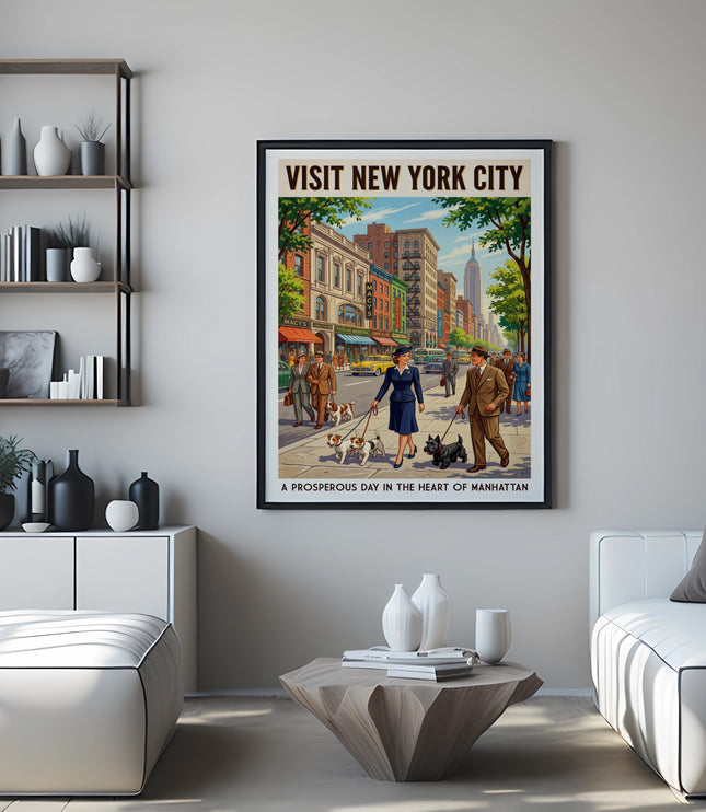 Vintage "Visit New York City" poster featuring street scene with Empire State Building and text.