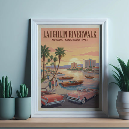 Laughlin Riverwalk Nevada Colorado River retro travel poster with boats and cars.