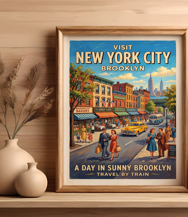 Vintage travel poster depicts a sunny Brooklyn street scene with people and buildings.