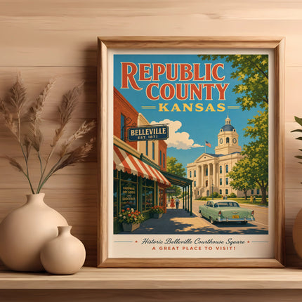 Retro poster of Republic County, Kansas courthouse square with vintage car.