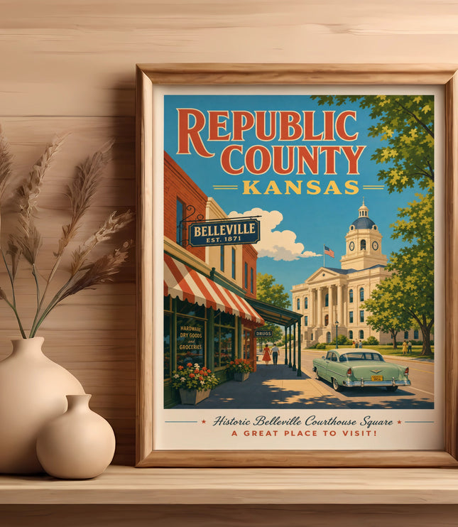 Retro poster of Republic County, Kansas courthouse square with vintage car.