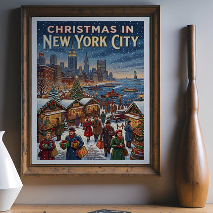 Vintage Christmas in New York City market scene with stalls and buildings.