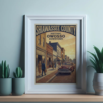 Shiawassee County Historic Owosso Downtown framed art with vintage car and people.