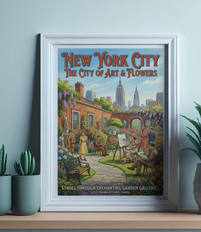 New York City, The City of Art & Flowers poster depicting garden scene.