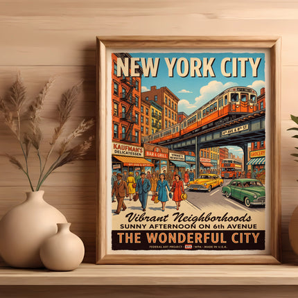 New York City street scene with elevated train, shops, and people.