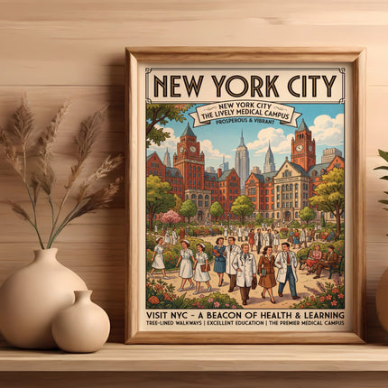 New York City Medical Campus poster with students and buildings.