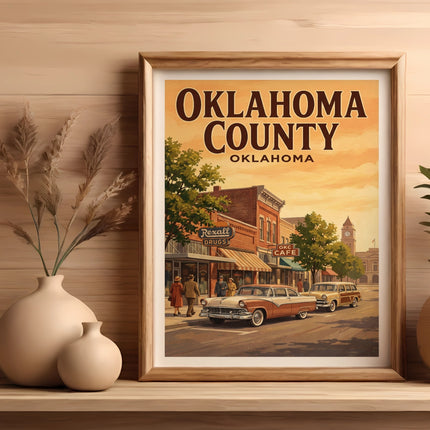 Framed vintage poster of Oklahoma County with classic cars and buildings.