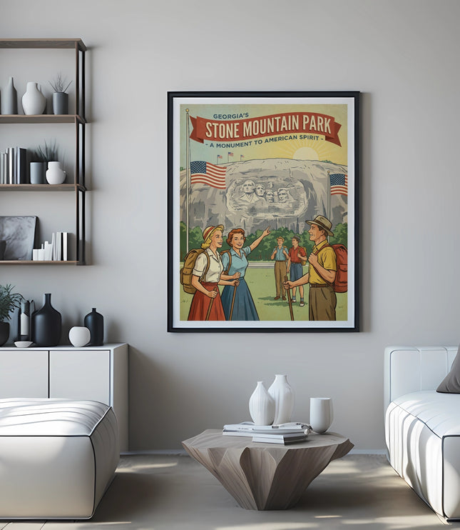 Georgia's Stone Mountain Park vintage travel poster with hikers and American flags.