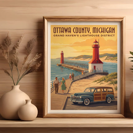 Ottawa County, Michigan Grand Haven lighthouse district poster with vintage car.