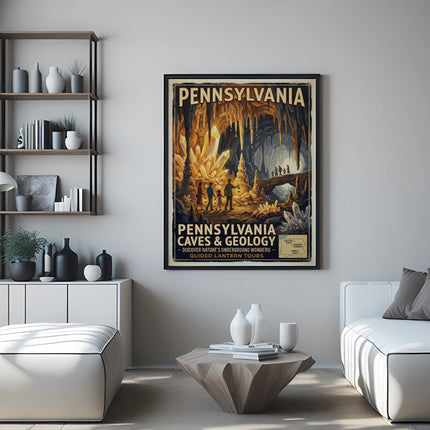 Pennsylvania Caves & Geology poster with glowing formations and people.