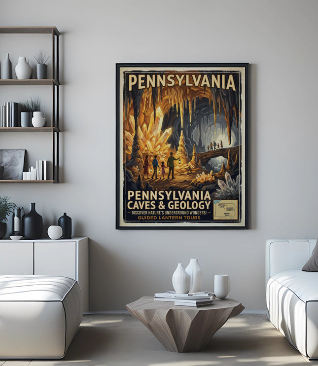 Pennsylvania Caves & Geology poster with glowing formations and people.